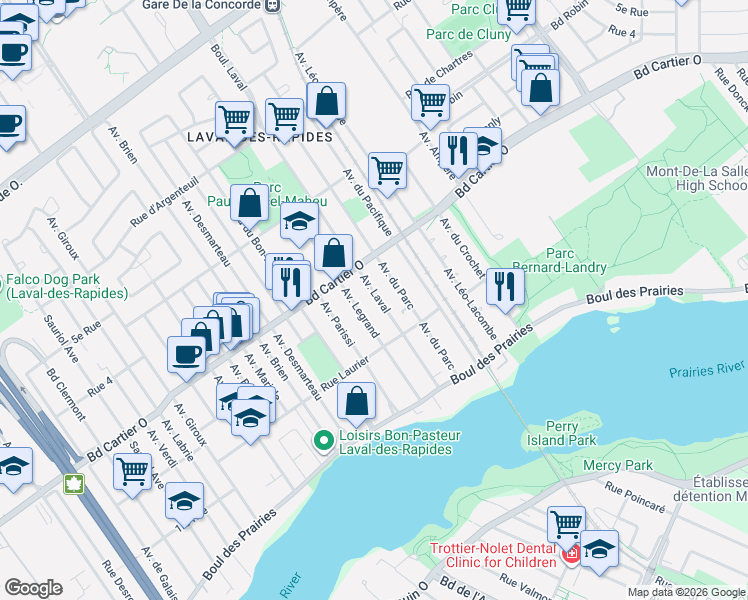 map of restaurants, bars, coffee shops, grocery stores, and more near 84 Avenue Laval in Laval