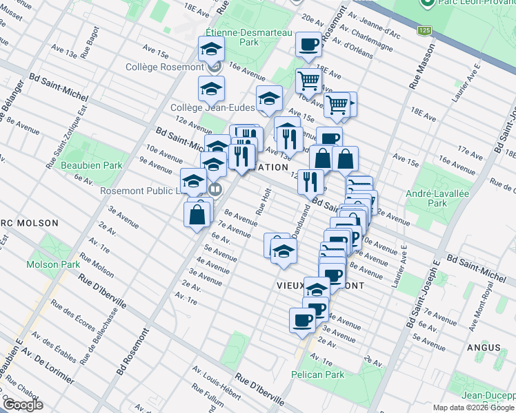 map of restaurants, bars, coffee shops, grocery stores, and more near 3151 Rue Holt in Montréal