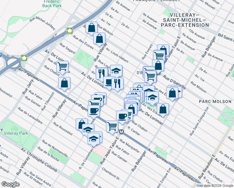 map of restaurants, bars, coffee shops, grocery stores, and more near 7327 Avenue De Lorimier in Montréal