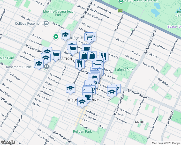 map of restaurants, bars, coffee shops, grocery stores, and more near 5487 Boulevard Saint-Michel in Montréal