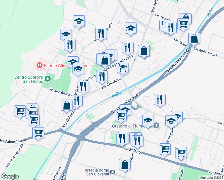 map of restaurants, bars, coffee shops, grocery stores, and more near Piazza Luigi Buffoli in Brescia