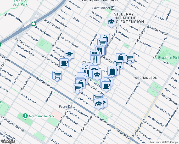 map of restaurants, bars, coffee shops, grocery stores, and more near in Montréal