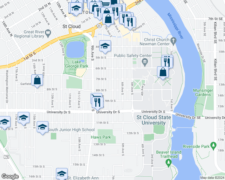 map of restaurants, bars, coffee shops, grocery stores, and more near 701 8th Street South in St. Cloud