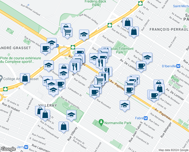 map of restaurants, bars, coffee shops, grocery stores, and more near 7905 Rue Marquette in Montréal