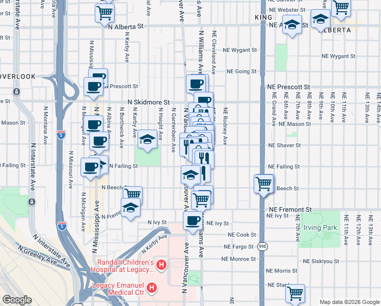 map of restaurants, bars, coffee shops, grocery stores, and more near 3956 North Vancouver Avenue in Portland