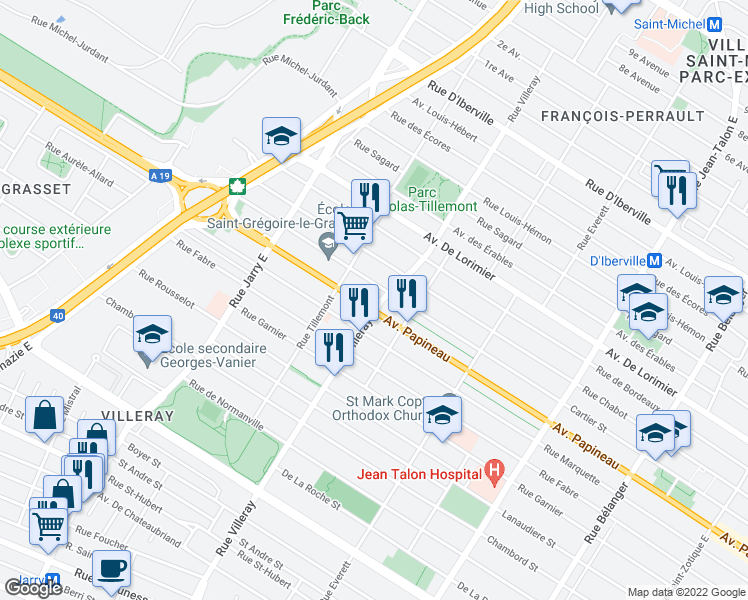 map of restaurants, bars, coffee shops, grocery stores, and more near 7705 Avenue Papineau in Montréal