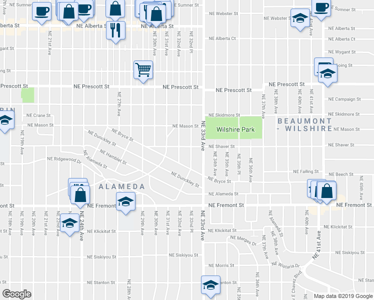 map of restaurants, bars, coffee shops, grocery stores, and more near 4004 Northeast 32nd Avenue in Portland