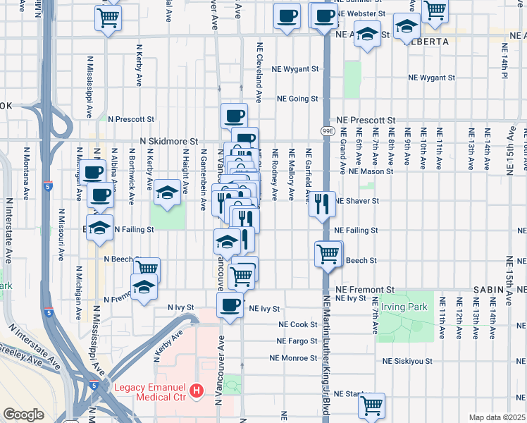 map of restaurants, bars, coffee shops, grocery stores, and more near 60 Northeast Shaver Street in Portland