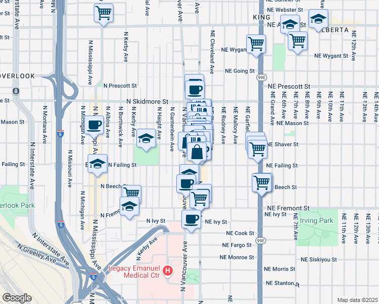 map of restaurants, bars, coffee shops, grocery stores, and more near 3947 North Williams Avenue in Portland