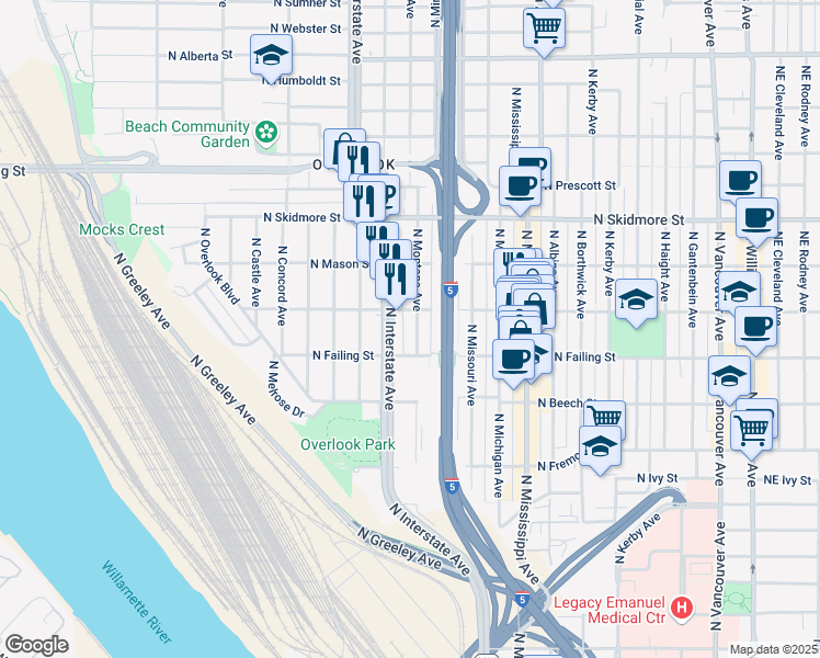 map of restaurants, bars, coffee shops, grocery stores, and more near 3990 North Interstate Avenue in Portland