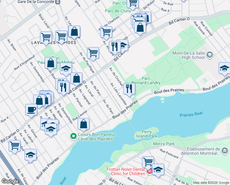 map of restaurants, bars, coffee shops, grocery stores, and more near 246 Avenue Léo-Lacombe in Laval