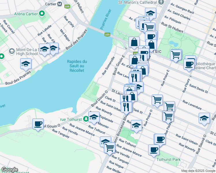 map of restaurants, bars, coffee shops, grocery stores, and more near 1 Boulevard Gouin Est in Montréal