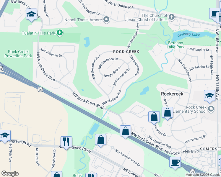 map of restaurants, bars, coffee shops, grocery stores, and more near 19993 Northwest Metolius Drive in Portland