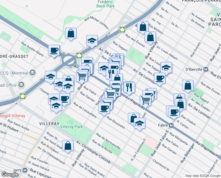 map of restaurants, bars, coffee shops, grocery stores, and more near 7870 Avenue Papineau in Montréal