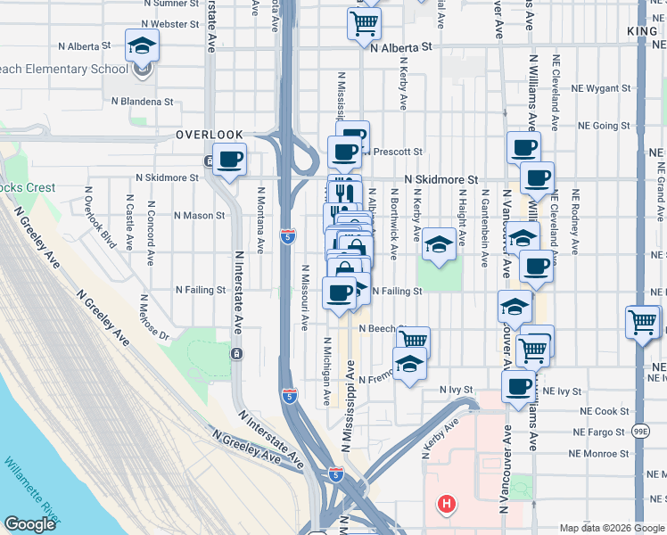 map of restaurants, bars, coffee shops, grocery stores, and more near 3948 North Michigan Avenue in Portland