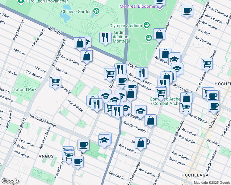 map of restaurants, bars, coffee shops, grocery stores, and more near 3825 Place Victor Bourgeau in Montréal