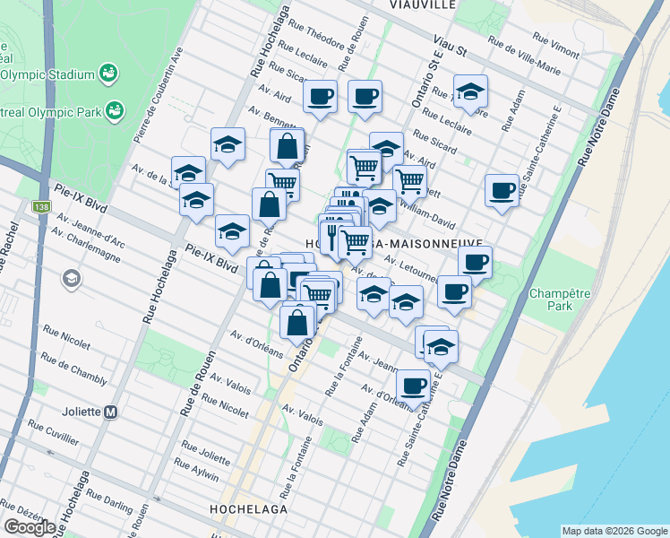 map of restaurants, bars, coffee shops, grocery stores, and more near 4225 Rue Ontario Est in Montréal