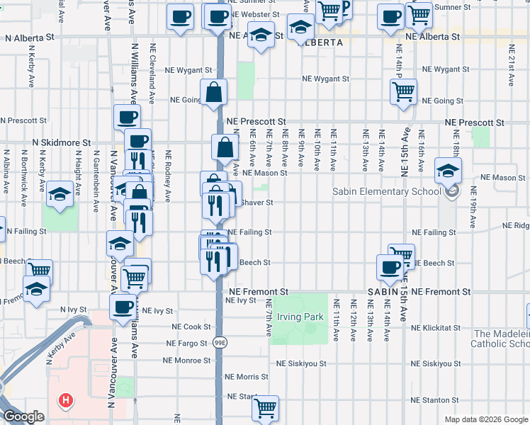 map of restaurants, bars, coffee shops, grocery stores, and more near 3959 Northeast 7th Avenue in Portland