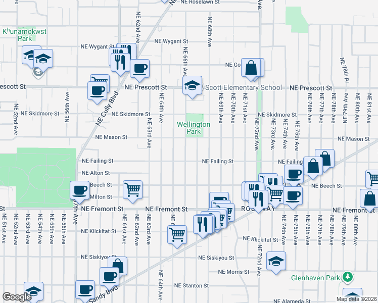 map of restaurants, bars, coffee shops, grocery stores, and more near 4016 Northeast 66th Avenue in Portland