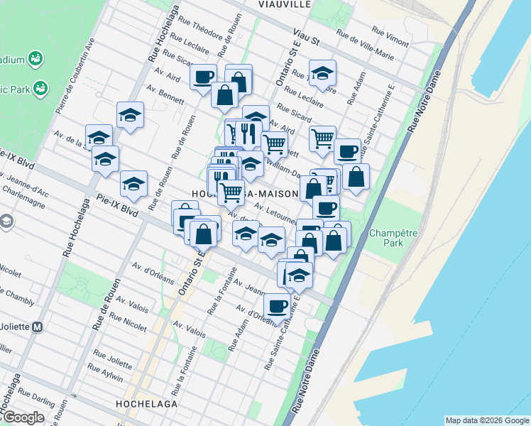 map of restaurants, bars, coffee shops, grocery stores, and more near 1702 Avenue Letourneux in Montréal