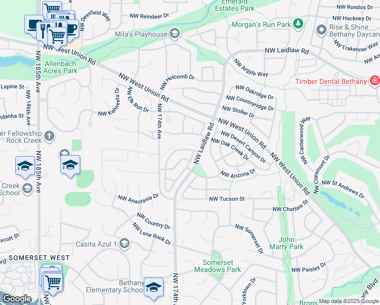 map of restaurants, bars, coffee shops, grocery stores, and more near 17151 Northwest Gold Canyon Lane in Beaverton