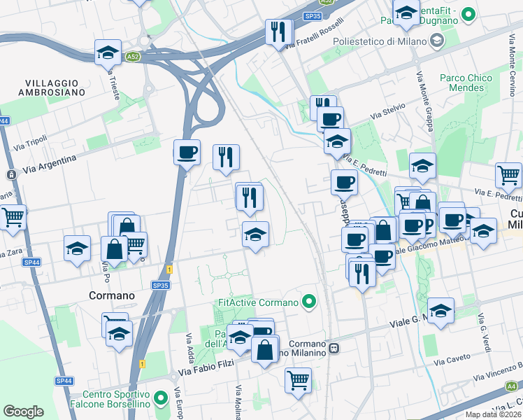map of restaurants, bars, coffee shops, grocery stores, and more near 9 Piazza Gian Lorenzo Bernini in Cormano
