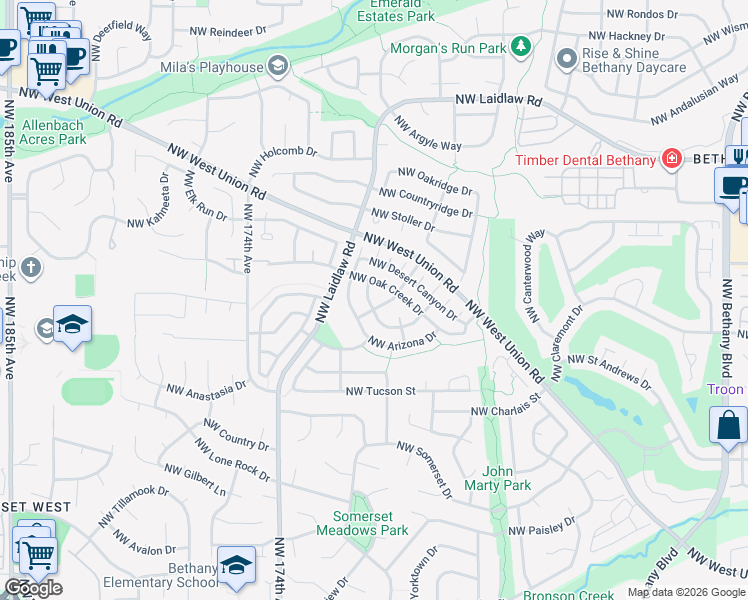 map of restaurants, bars, coffee shops, grocery stores, and more near 16907 Northwest Greyhawk Drive in Beaverton
