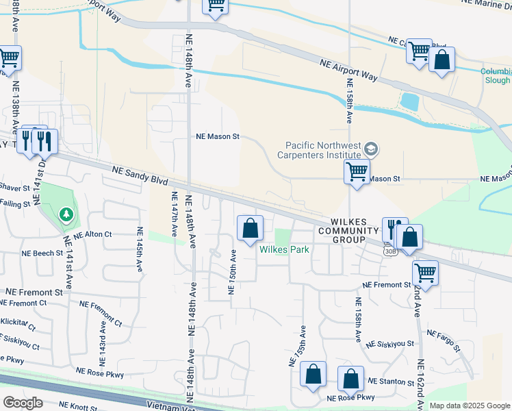 map of restaurants, bars, coffee shops, grocery stores, and more near NE Sandy Blvd & NE 152nd Ave in Portland