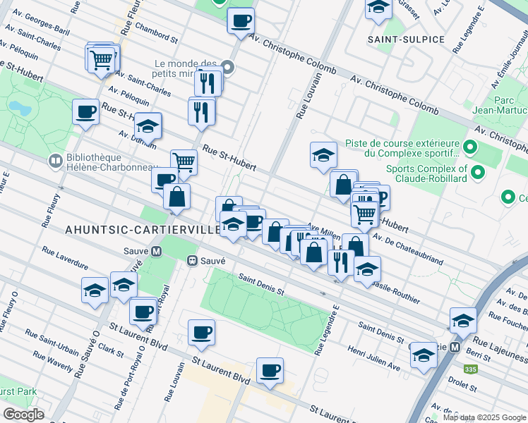map of restaurants, bars, coffee shops, grocery stores, and more near 9464 Avenue Millen in Montréal