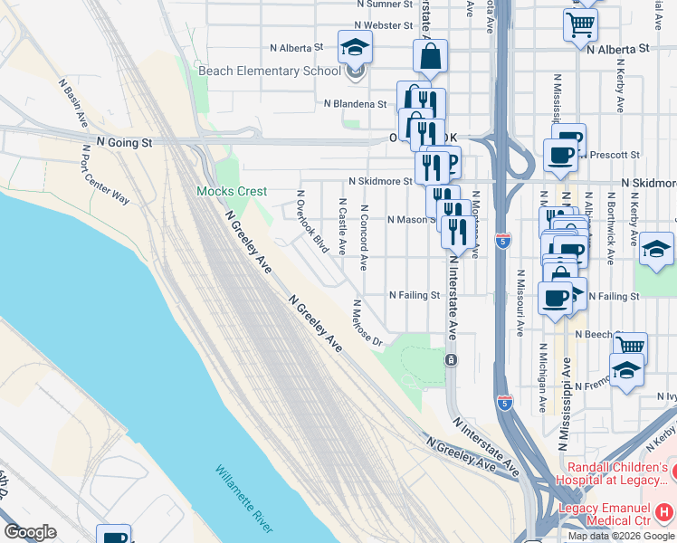 map of restaurants, bars, coffee shops, grocery stores, and more near 3969 North Overlook Boulevard in Portland