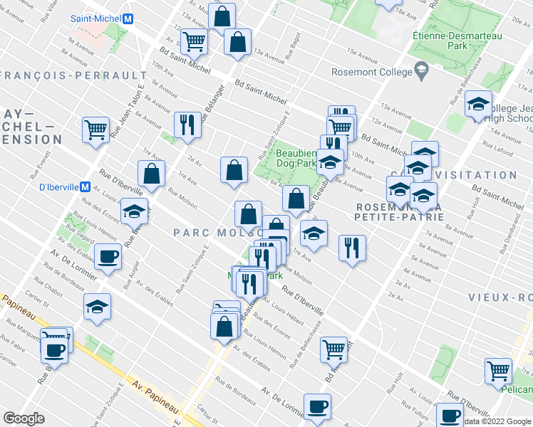 map of restaurants, bars, coffee shops, grocery stores, and more near 6612 2e Avenue in Montréal