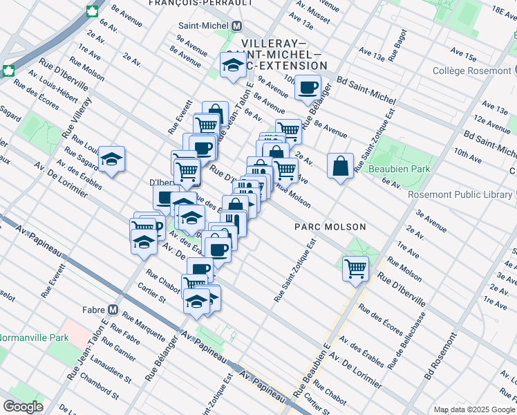 map of restaurants, bars, coffee shops, grocery stores, and more near in Montréal
