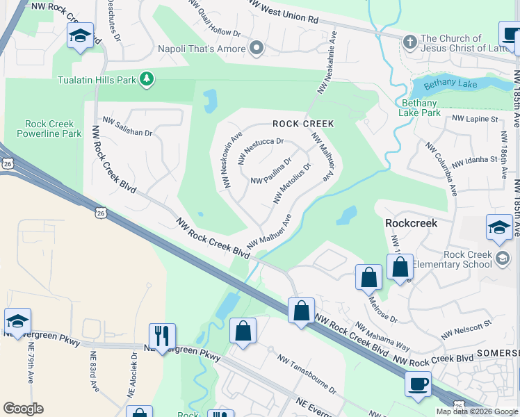 map of restaurants, bars, coffee shops, grocery stores, and more near 4437 Northwest Metolius Court in Portland