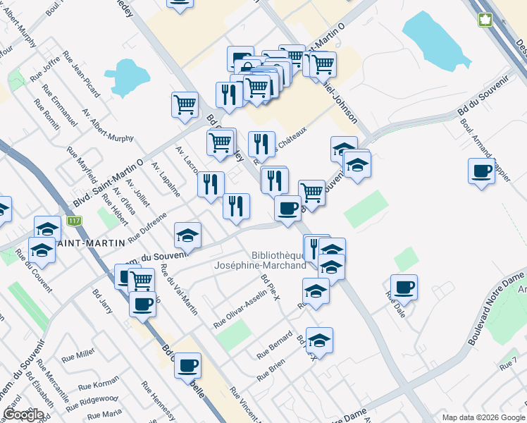 map of restaurants, bars, coffee shops, grocery stores, and more near 3485 Boulevard du Souvenir in Laval