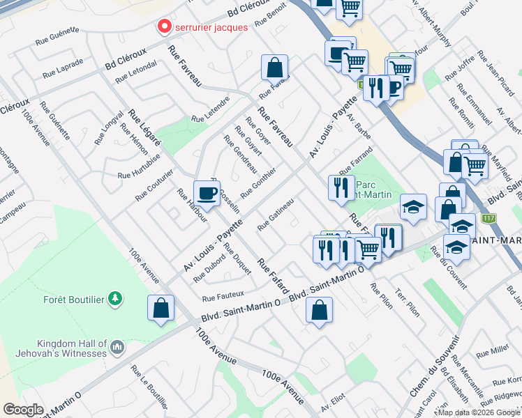 map of restaurants, bars, coffee shops, grocery stores, and more near 2035 Rue Ferrier in Laval