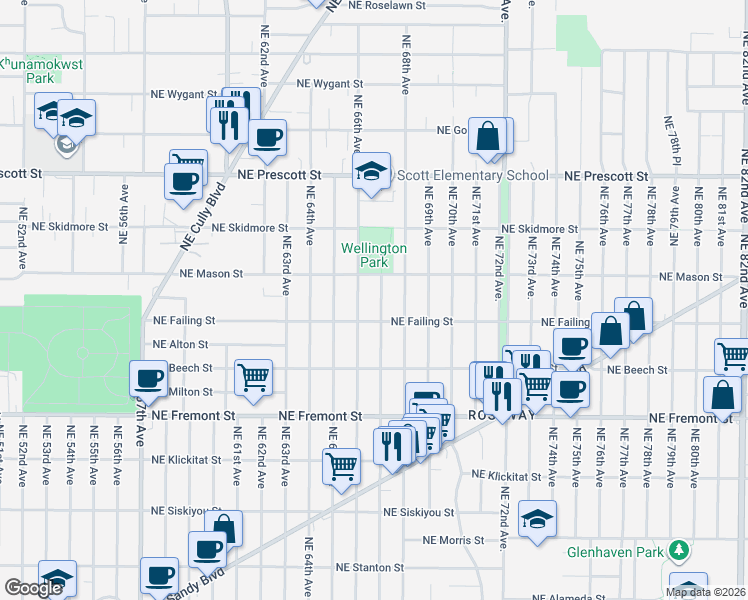 map of restaurants, bars, coffee shops, grocery stores, and more near 4016 Northeast 66th Avenue in Portland