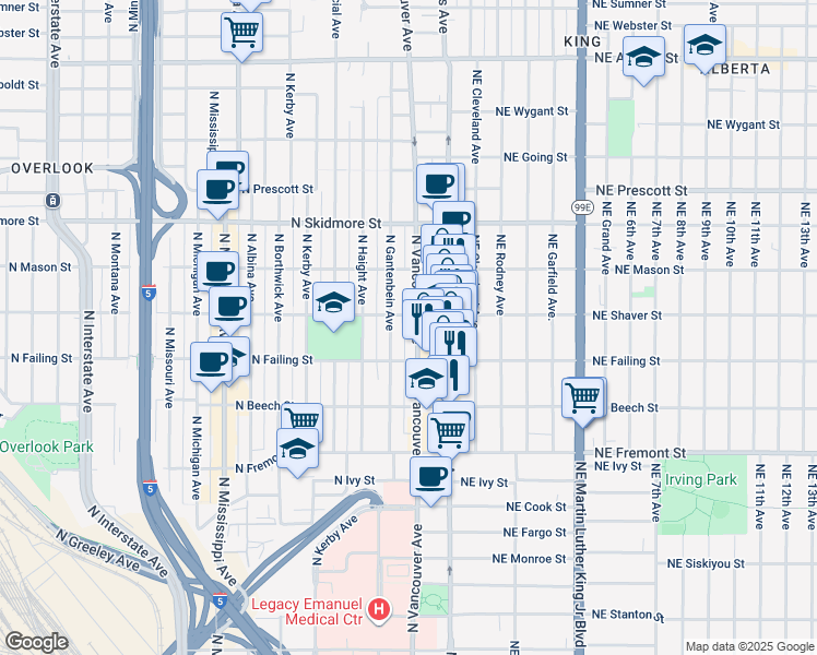 map of restaurants, bars, coffee shops, grocery stores, and more near 214 North Shaver Street in Portland