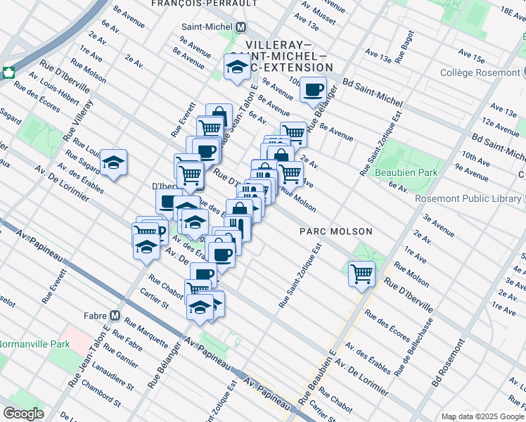 map of restaurants, bars, coffee shops, grocery stores, and more near in Montréal
