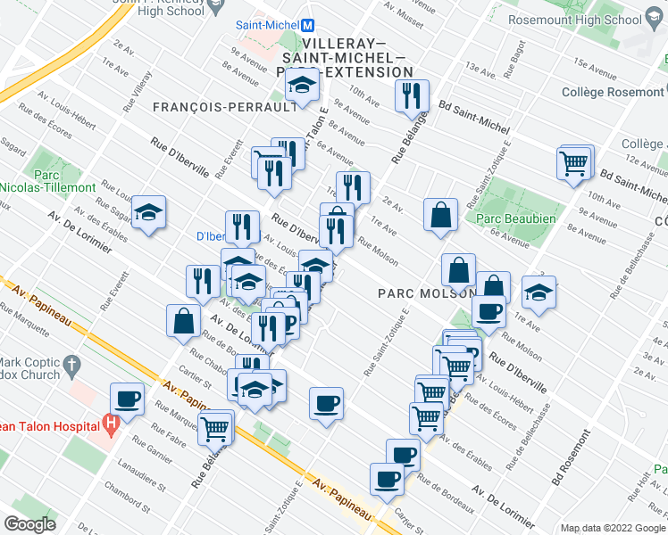map of restaurants, bars, coffee shops, grocery stores, and more near 2468 Rue Bélanger in Montréal