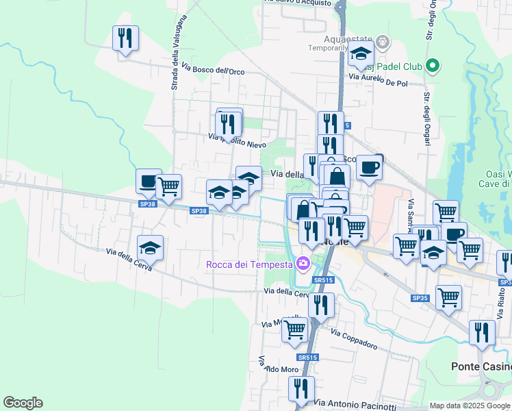 map of restaurants, bars, coffee shops, grocery stores, and more near 24 Via della Fonda in Noale