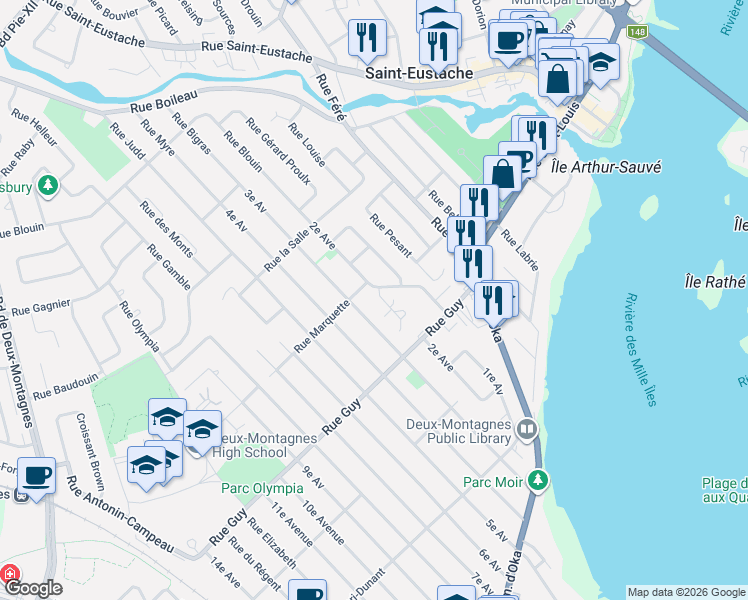 map of restaurants, bars, coffee shops, grocery stores, and more near 424 Place du Golf in Deux-Montagnes