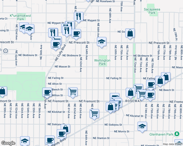 map of restaurants, bars, coffee shops, grocery stores, and more near 3979 Northeast 65th Avenue in Portland