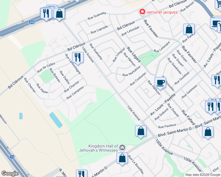 map of restaurants, bars, coffee shops, grocery stores, and more near 2282 100e Avenue in Laval