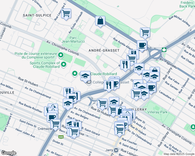 map of restaurants, bars, coffee shops, grocery stores, and more near 8520 Rue Raymond Pelletier in Montréal