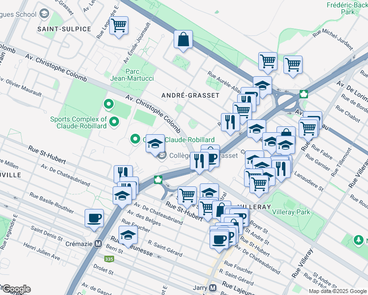 map of restaurants, bars, coffee shops, grocery stores, and more near 8500 Rue Raymond Pelletier in Montreal
