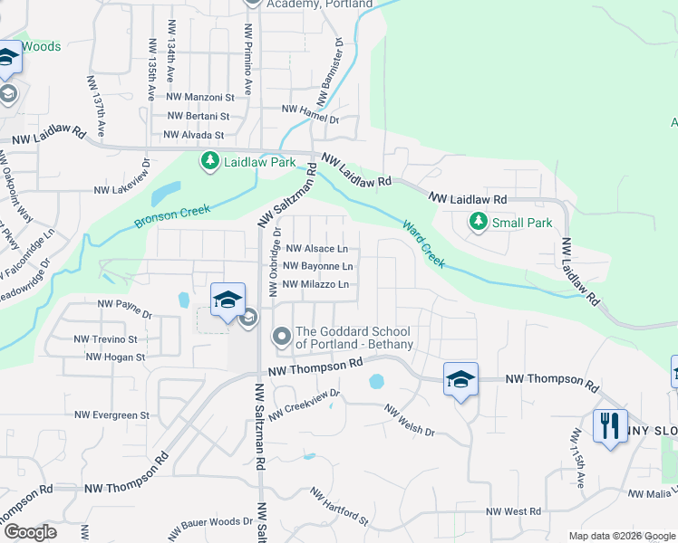 map of restaurants, bars, coffee shops, grocery stores, and more near 12594 Northwest Bayonne Lane in Portland