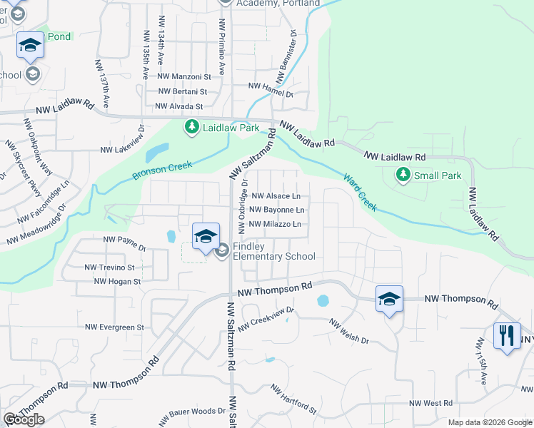 map of restaurants, bars, coffee shops, grocery stores, and more near 12707 Northwest Bayonne Lane in Portland