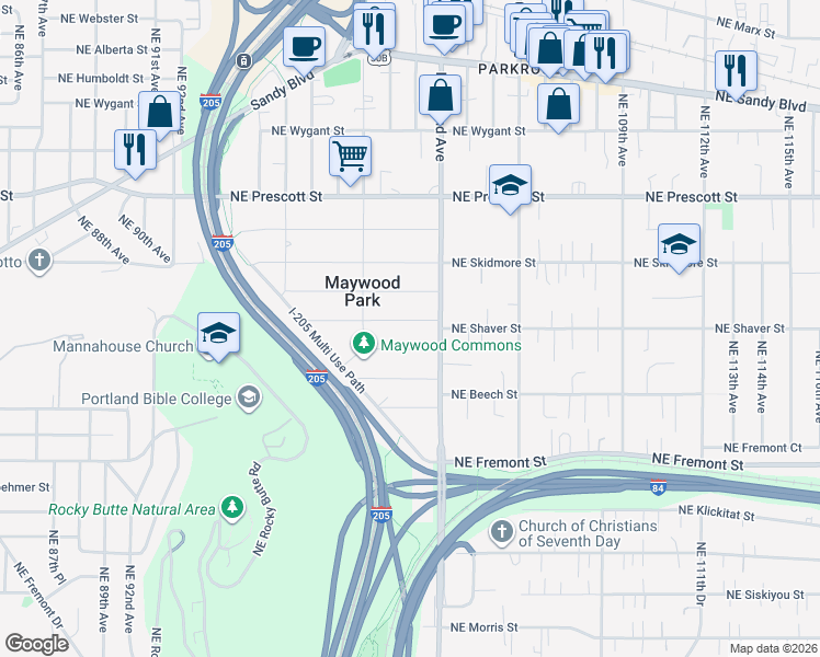 map of restaurants, bars, coffee shops, grocery stores, and more near 10042 Northeast Shaver Street in Portland