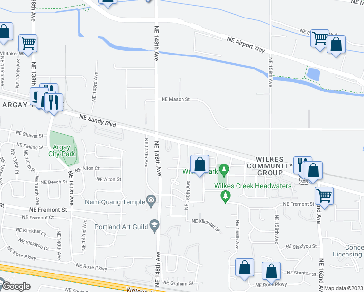 map of restaurants, bars, coffee shops, grocery stores, and more near 3948 Northeast 149th Avenue in Portland