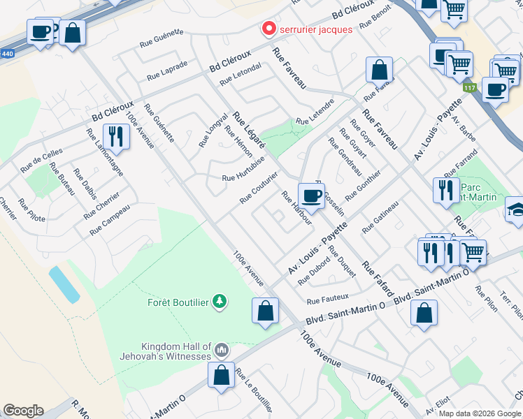 map of restaurants, bars, coffee shops, grocery stores, and more near 2150 Rue Darveau in Laval